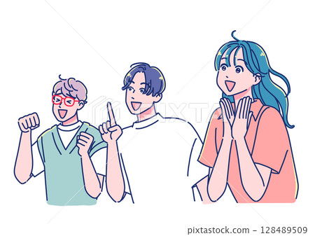 Young men and women in anime style looking up and impressed 128489509