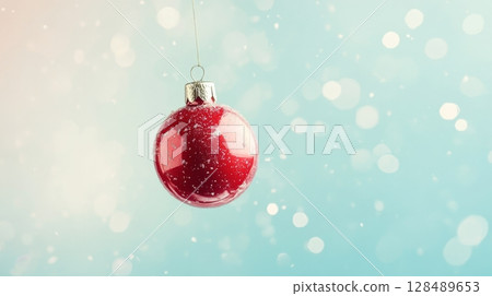Red Christmas ornament hanging against a snowy blue background. Festive holiday decoration concept 128489653