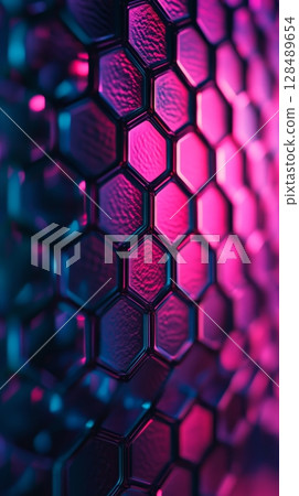 Geometric hexagonal pattern with colorful neon lighting, abstract technology concept Geometric hexagonal pattern with colorful neon lighting, abstract technology concept 128489654