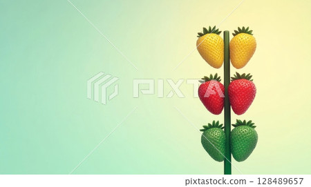 Traffic light with strawberry-shaped lights on gradient background Traffic light with strawberry-shaped lights on gradient background 128489657