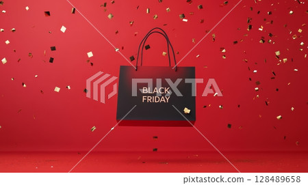 Black Friday shopping bag surrounded by confetti on vibrant red background. Holiday sale and discount concept Black Friday shopping bag surrounded by confetti on vibrant red background. Holiday sale and discount concept 128489658