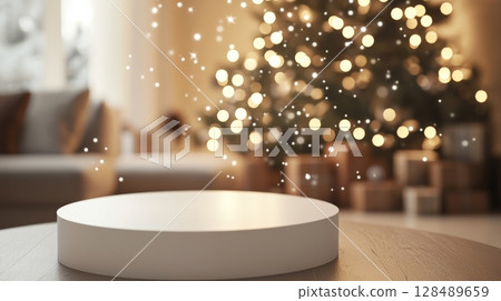 Empty circular podium with holiday decorations and bokeh lights. Festive winter scene concept Empty circular podium with holiday decorations and bokeh lights. Festive winter scene concept 128489659