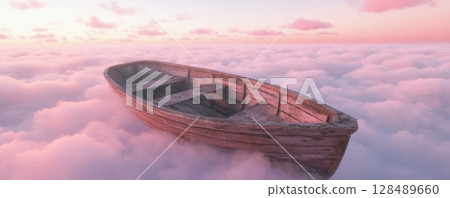 Wooden boat floating in pink clouds at sunrise, surreal dreamscape 128489660