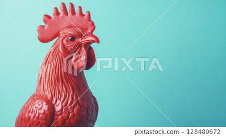 Red rooster sculpture on teal background, artistic design. Modern decor and color contrast concept 128489672