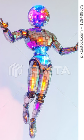 Futuristic humanoid robot figure with reflective surface 128489675