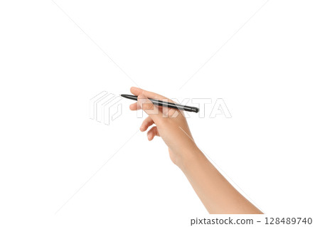 A hand grips a black pen, ready to write, on white background A hand grips a black pen, ready to write, on white background 128489740