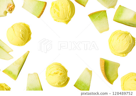 Artful yellow ice cream and green apple, on white background 128489752