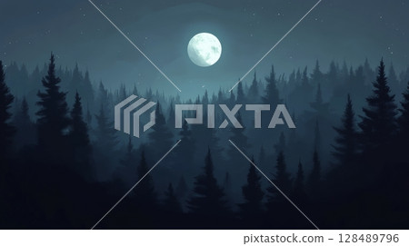 Moonlit forest at night with tall pine trees, serene and mystical atmosphere Moonlit forest at night with tall pine trees, serene and mystical atmosphere 128489796