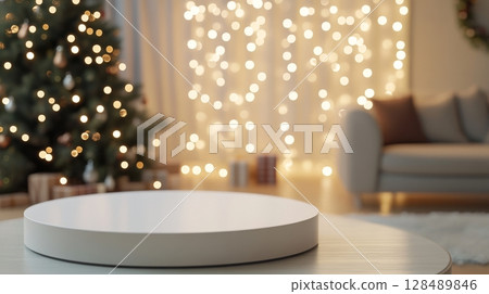 Festive living room with christmas tree and lights, cozy holiday atmosphere. Interior decoration concept 128489846