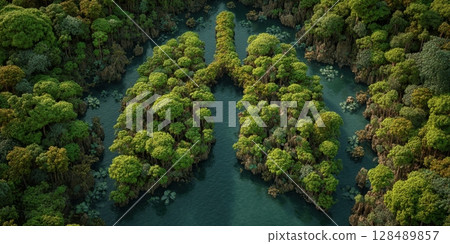 Aerial view of lush mangrove forest shaped like human lungs surrounded by water 128489857