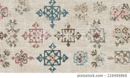 Vintage geometric pattern on woven fabric background with floral motifs 128489868