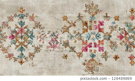 Intricate vintage floral pattern on antique textile fabric with ornamental design 128489869
