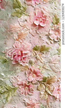 Exquisite pink floral embroidery on textured fabric 128489874