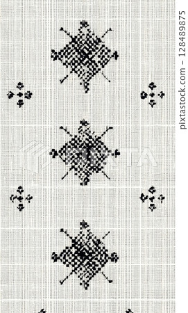 Black geometric patterns on white textured fabric 128489875