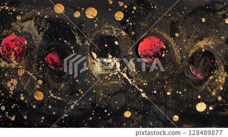 Abstract cosmic art with gold and red spheres on black canvas 128489877