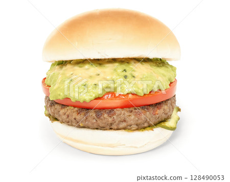 Tex-Mex Burger A beef patty topped with melted pepper jack cheese, spicy salsa, jalapenos, and guacamole, served on a soft 128490053