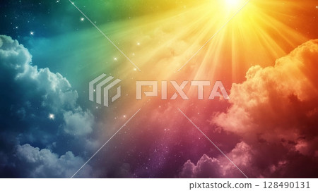 Rainbow sky with sun rays and clouds 128490131