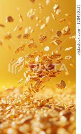 Golden cereal flakes falling against yellow background, breakfast and healthy eating concept 128490133