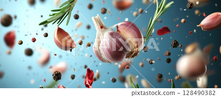 Floating garlic, herbs, and spices on blue background 128490382