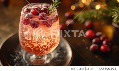 Cranberry cocktail with rosemary garnish, festive setting. Holiday beverage and celebration concept Cranberry cocktail with rosemary garnish, festive setting. Holiday beverage and celebration concept 128490393