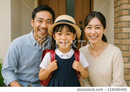 一家人和他們上小學的女兒在門口微笑 128490400