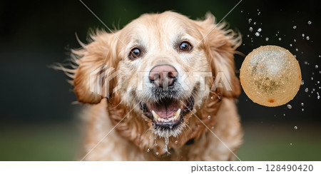 Joyful golden retriever playing with water droplets and ball outdoors National Water Balloon Day 128490420