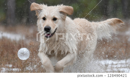 Golden retriever joyfully playing in water splash outdoors National Water Balloon Day 128490421