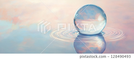 Glass sphere on calm water creating ripples, serene reflection. Tranquility and harmony concept 128490493