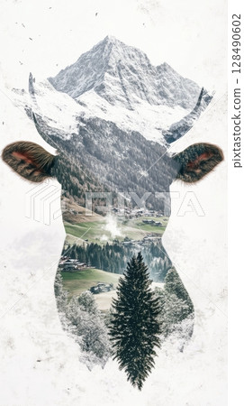 Double exposure of mountain landscape and cow silhouette 128490602