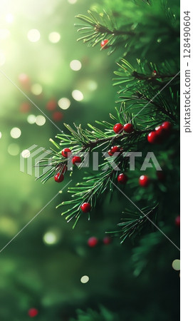 Close-up of evergreen branch with red berries, festive holiday atmosphere. Nature and celebration concept Close-up of evergreen branch with red berries, festive holiday atmosphere. Nature and celebration concept 128490604