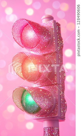 Glittery traffic light on pink background, whimsical aesthetic concept Glittery traffic light on pink background, whimsical aesthetic concept 128490606