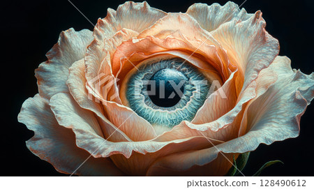 Rose with human eye center, surreal art. Imagination and creativity concept 128490612