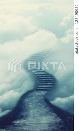 Pathway through clouds ascending to sky, ethereal dreamscape. Hope and aspiration concept 128490623