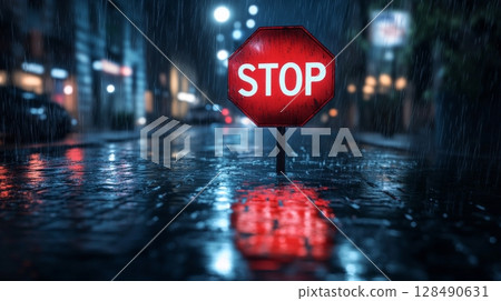 Stop sign on rainy city street at night with blurred lights, urban safety concept 128490631