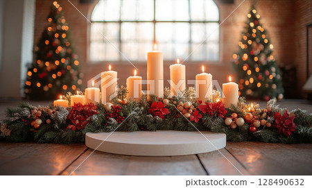 Christmas candles with festive wreath in cozy room, holiday decoration concept 128490632