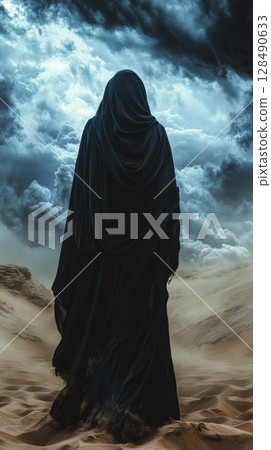 mysterious cloaked figure in a stormy desert landscape 128490633