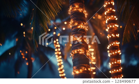 Palm trees with string lights at night, festive vacation atmosphere 128490677