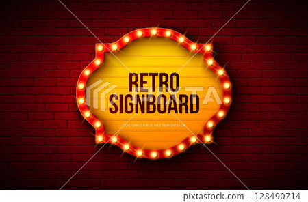 Retro Signboard Lightbox Banner Design with Glowing Light Bulb Frame Billboard on Vintage Brick Wall Background. Vector Customizable Marquee Sign Illustration for Casino Advertising, Theater Show Retro Signboard Lightbox Banner Design with Glowing Light Bulb Frame Billboard on Vintage Brick Wall Background. Vector Customizable Marquee Sign Illustration for Casino Advertising, Theater Show 128490714