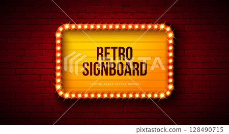 Retro Signboard Lightbox Banner Design with Glowing Light Bulb Frame Billboard on Vintage Brick Wall Background. Vector Customizable Marquee Sign Illustration for Casino Advertising, Theater Show Retro Signboard Lightbox Banner Design with Glowing Light Bulb Frame Billboard on Vintage Brick Wall Background. Vector Customizable Marquee Sign Illustration for Casino Advertising, Theater Show 128490715