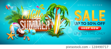 Summer Sale Banner Design with Flower, Beach Holiday Elements and Typography Lettering on Ocean Blue Background. Vector Vacation Business Promotional Shopping Illustration with Special Offer 128490717