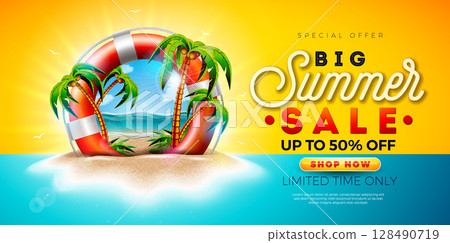 Summer Sale Banner Design with Ocean Landscape in Lifebelt and Typography Lettering on Tropical Island Background. Vector Vacation Shopping Business Illustration with Special Offer Typography for Summer Sale Banner Design with Ocean Landscape in Lifebelt and Typography Lettering on Tropical Island Background. Vector Vacation Shopping Business Illustration with Special Offer Typography for 128490719