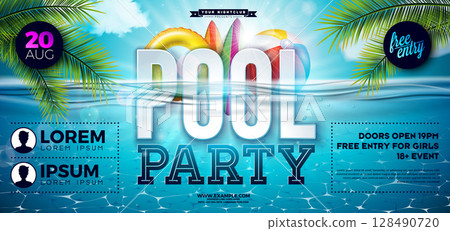 Pool Party Summer Banner Design Template with Beach Ball and Text Label on Blue Underwater Ocean Background. Vector Summer Music and Dance Celebration Holiday Illustration with Tropical Palm Leaves Pool Party Summer Banner Design Template with Beach Ball and Text Label on Blue Underwater Ocean Background. Vector Summer Music and Dance Celebration Holiday Illustration with Tropical Palm Leaves 128490720