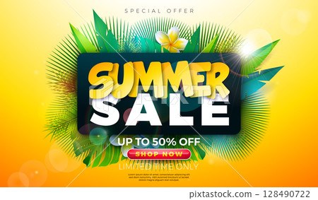Summer Sale Business Promotional Banner Design with Flower, Tropical Palm Leaves and Typography Lettering on Sun Yellow Background. Vector Vacation Shopping Illustration with Special Offer Typography 128490722