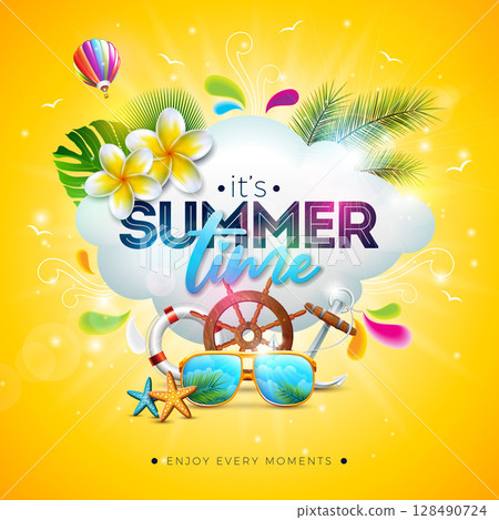 Hello Summer Holiday Banner Design with Flower, Cloud and Text Label on Sun Yellow Background. Vector Tropical Vacation Illustration with Colorful Beach Elements, Air Balloon and Palm Leaves for Flyer 128490724