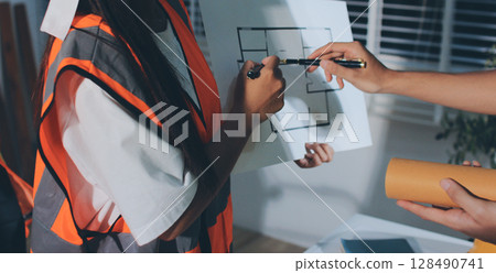 Closeup of team of industrial engineers meeting analyze machinery blueprints consult project on table in manufacturing factory. Working in manufacturing plant or production plant. 128490741