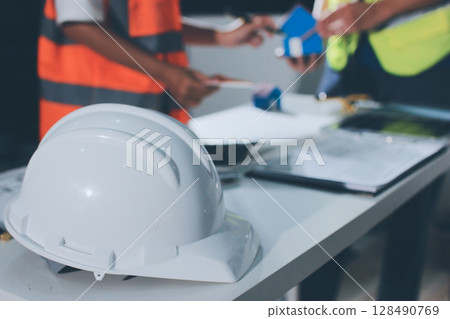 Closeup of team of industrial engineers meeting analyze machinery blueprints consult project on table in manufacturing factory. Working in manufacturing plant or production plant. 128490769