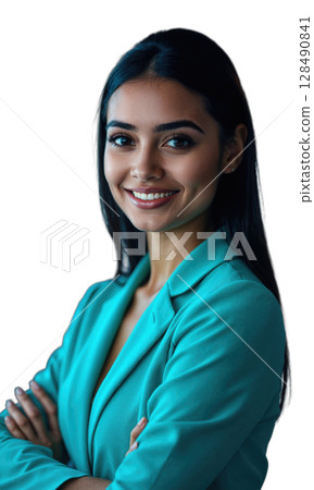 A South Asian female leader in bright teal, arms folded, with digital charts and virtual screens reflecting her growth, symbolizing 128490841