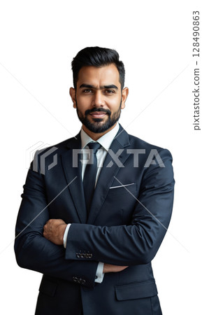 A South Asian businessman dressed in a tailored suit, his focused expression and steady posture conveying leadership, intellect 128490863
