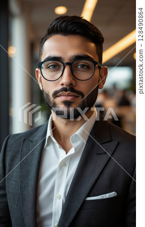Middle Eastern male with cropped beard, soft waves, and thick-framed glasses, eyes narrowed slightly at ecosystem strategy rings, symbolizing patient 128490864