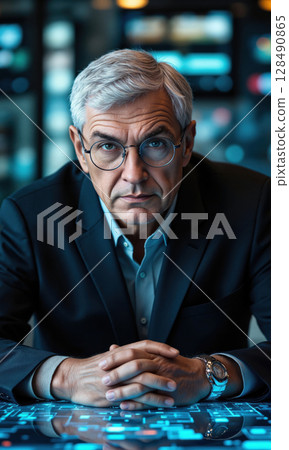 White male CEO with silver hair and round glasses, leaning forward with a firm stare, hands folded on a glowing 128490865